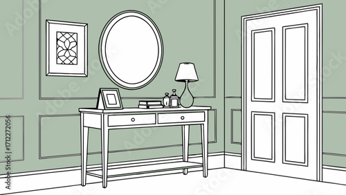 Elegant Console Table in Green Room Interior Design Illustration.