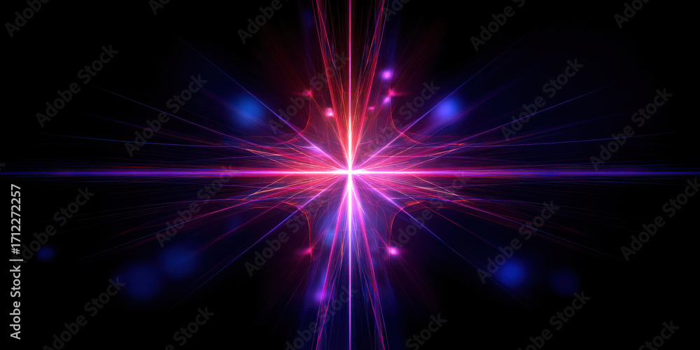 Fototapeta premium Abstract fractal star with glowing pink and purple light beams on black background creating symmetrical energy effect