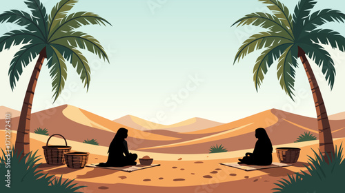 Two women sitting in desert under palm trees with baskets nearby  