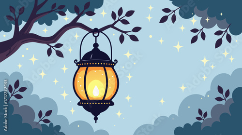 Decorative lantern hanging from tree branches with starry night sky  
