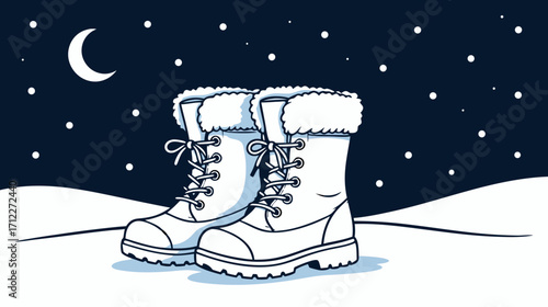 Winter snow boots resting on snowy landscape under night sky  