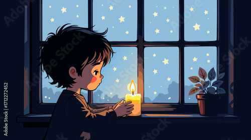 Young boy looking at candle while gazing out of window at stars  
