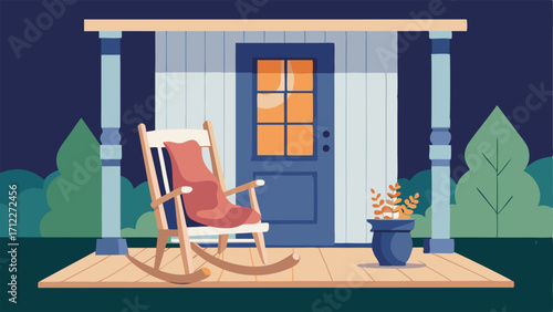 A front porch with a rocking chair and a cozy knit blanket perfect for enjoying a cup of hot cocoa.