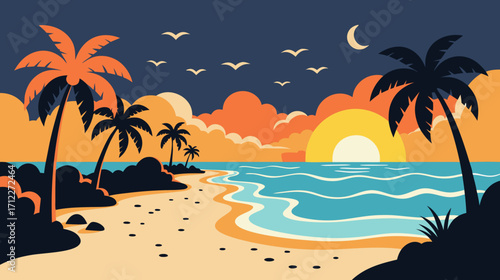 Tropical beach sunset with palm trees and ocean waves at dusk  