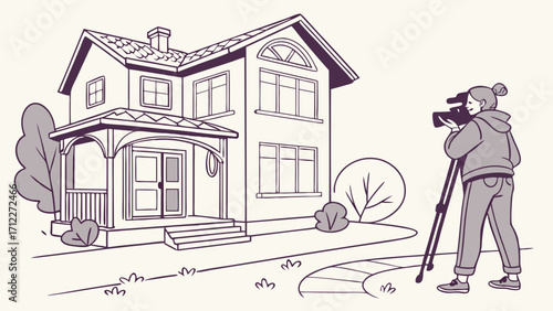 Filming a House Exterior Residential Property Video Real Estate Footage Homeowner Illustration.