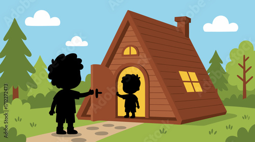 Two children playing by a wooden house in a forest setting  