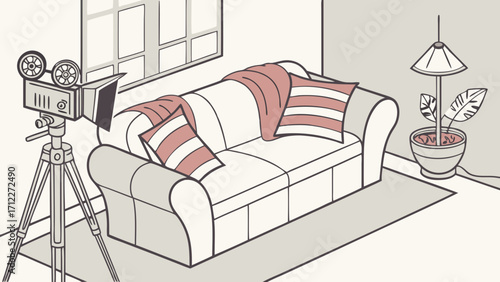 Filmmaking Setup in Living Room Camera on Tripod Sofa Plant Home Studio Isometric Illustration.