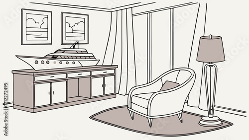 Elegant Living Room Interior Design with Yacht Model Armchair and Floor Lamp Illustration.