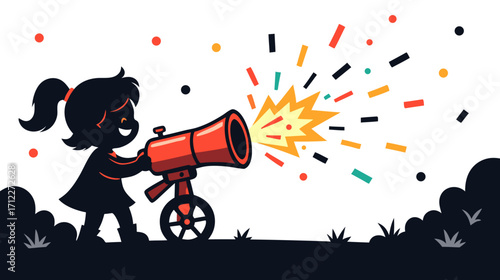 Girl using toy cannon to shoot colorful confetti outdoors  