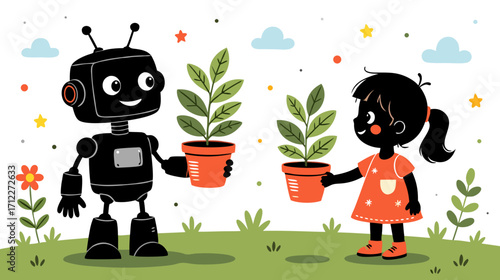 Robot and girl exchanging potted plants in a colorful garden  