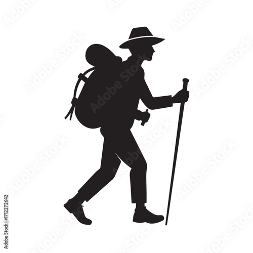 Silhouette of a hiker with a backpack and trekking pole walking, isolated on white background