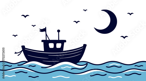 Boat sailing on waves under moonlight with seagulls in sky  