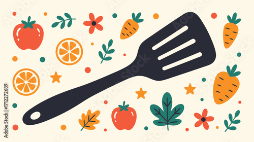 Kitchen spatula with colorful vegetables and fruits on patterned background  