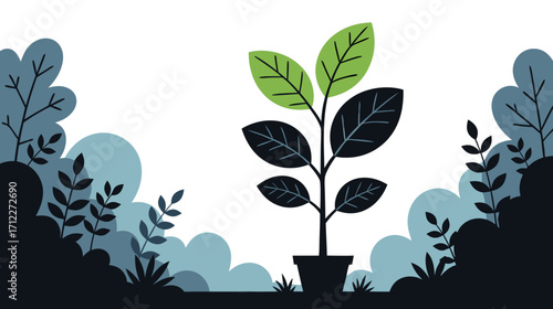 Plant growing in a pot surrounded by dark green foliage  