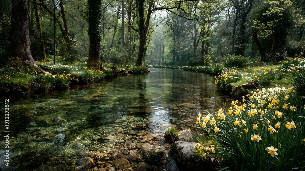Obraz premium Magical, serene photograph of a clear stream in a lush green spring forest, its banks dotted with vibrant yellow daffodils and wildflowers.