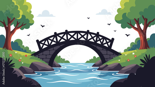 Scenic illustration of a wooden bridge over a river surrounded by trees  