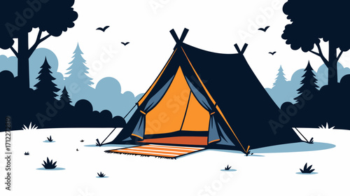 Camping tent in a forest clearing with pine trees and blue sky  
