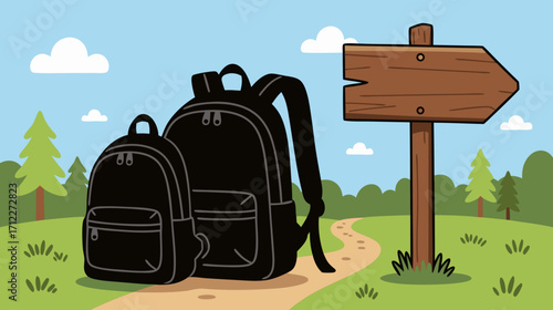 Two black backpacks beside wooden sign on nature trail  