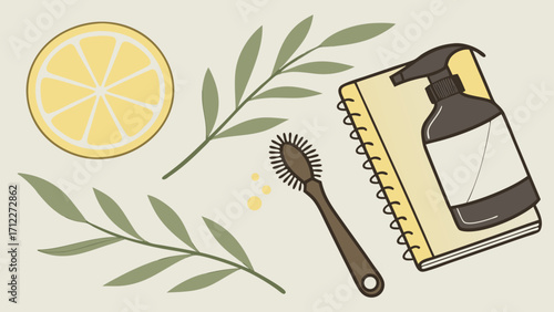 Flat lay illustration of cleaning supplies lemon slice and leaves.