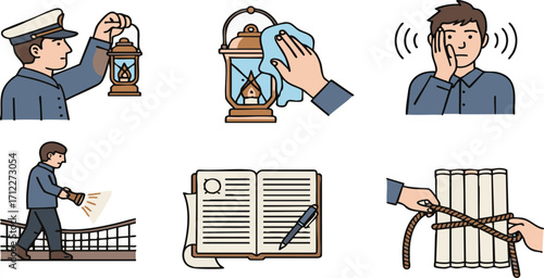 Railway worker holding a lantern, cleaning a lantern, listening, walking on a bridge, writing in a notebook, and tying rope around books with vintage charm.