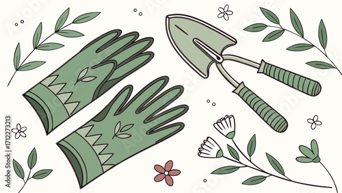 Gardening tools gloves flowers leaves spring nature illustration hand drawn cute flat lay design element botanical floral greenery gardening supplies springtime garden plant trow.