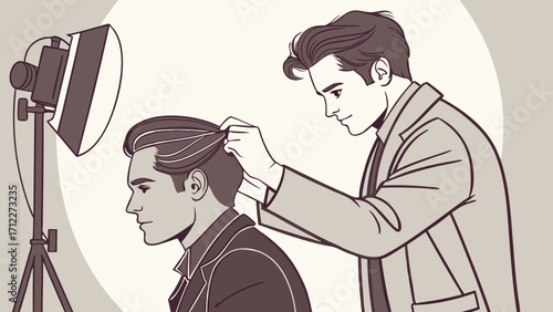 Hair styling session man getting his hair done by stylist studio lighting fashion illustration grooming barber professional hair care mens hairstyle hair design graphic illustration vec.