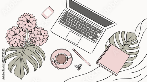 Flat lay illustration of workspace with laptop flowers and coffee.