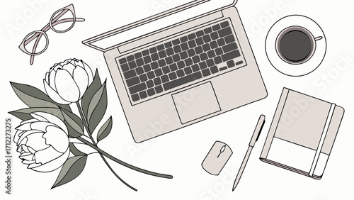 Flat lay of laptop flowers coffee and stationery perfect for blog social media or website design.