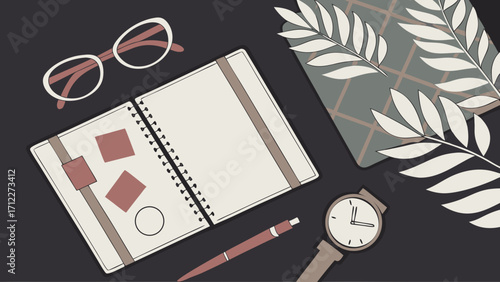 Flatlay illustration of stationery accessories and plants on a dark background.