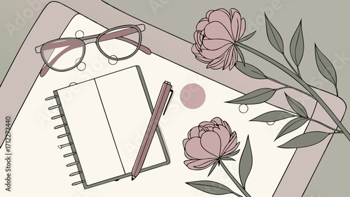 Flatlay illustration of stationery flowers and glasses.