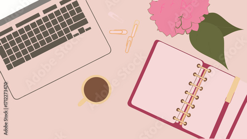 Flatlay of laptop notebook coffee and flower on pink background.