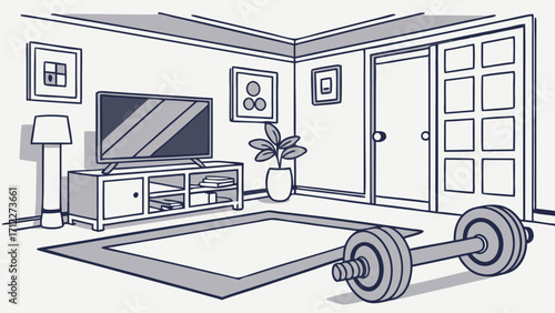 Home Gym Interior Design Flat Illustration Dumbbell Exercise Room Fitness at Home Television Living Room Decor.