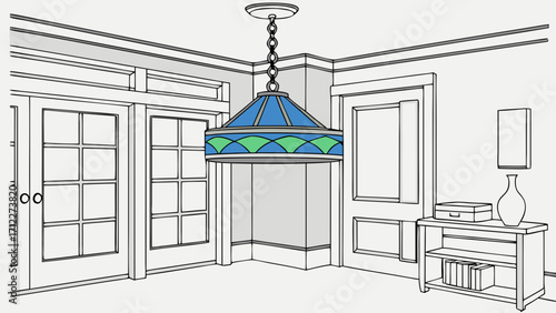 Interior Design Sketch Room Corner with Stained Glass Pendant Light French Doors Console Table Line Art Illustration.