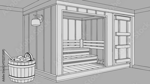 Illustration of a traditional sauna interior featuring wooden benches a bucket and a scoop.
