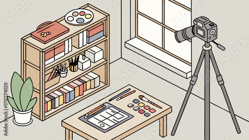 Isometric Illustration of a Creative Workspace with Camera Setup for Still Life Photography or Video Production.