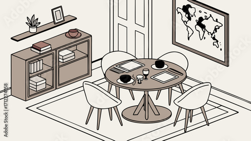 Isometric illustration of a dining room interior with table chairs and sideboard.
