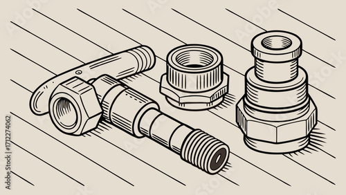 Isometric Drawing of Industrial Pipe Fittings and Valves.