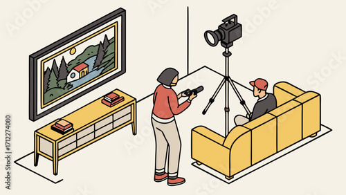Isometric Illustration Filmmaking Interview Studio Setup Video Production Home Studio Camera Microphone Lighting.