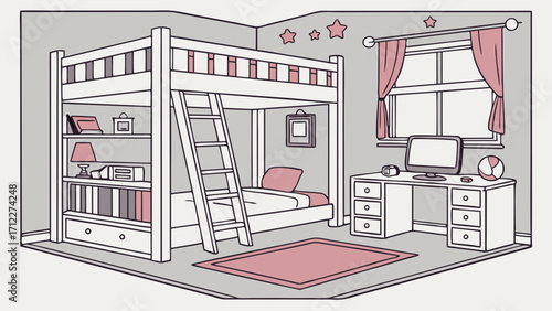 Isometric illustration of a childs bedroom with bunk bed desk and shelving unit.