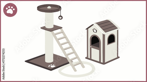 Isometric illustration of a cat tree with a ladder and a small house pet furniture cat condo cat tower kitty furniture pet accessories pet supplies adorable cat furniture cute pet furnitu.