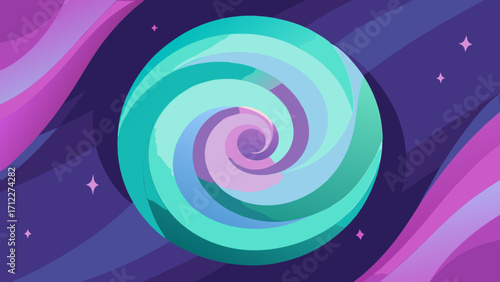 Vibrant pink and purple swirls with abstract rings and colorful circles create a mesmerizing and decorative spiral pattern