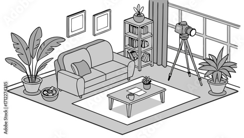 Isometric illustration of a living room interior with camera on tripod plants sofa and coffee table.