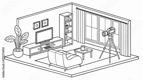 Isometric Illustration of a Living Room Setup with Camera on Tripod for Video Recording or Streaming.