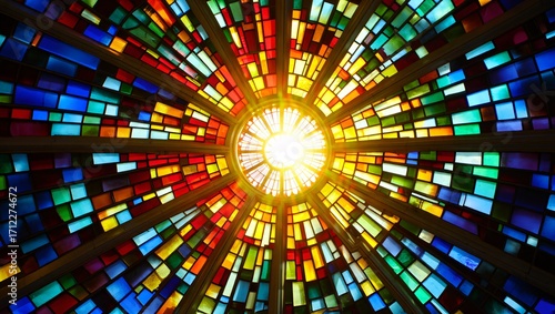 Radiant stained glass window bursting with colorful light