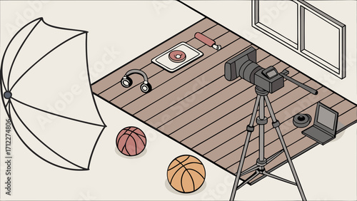 Isometric Illustration of a Studio Setup with Camera Sports Equipment and Lighting.