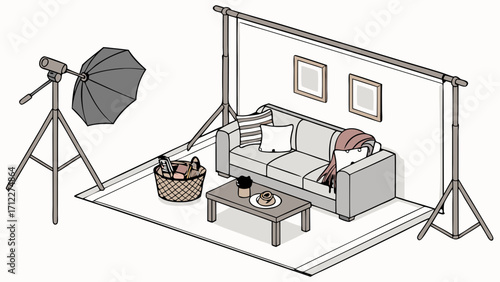 Isometric Illustration of a Home Studio Setup with Sofa Lighting Equipment and Backdrop.