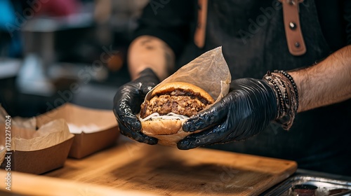 Delicious gourmet burger held by chef in black gloves ready to serve at restaurant or food truck event