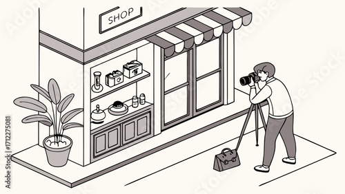 Isometric Illustration of Photographer Shooting Shopfront with DSLR Camera on Tripod.