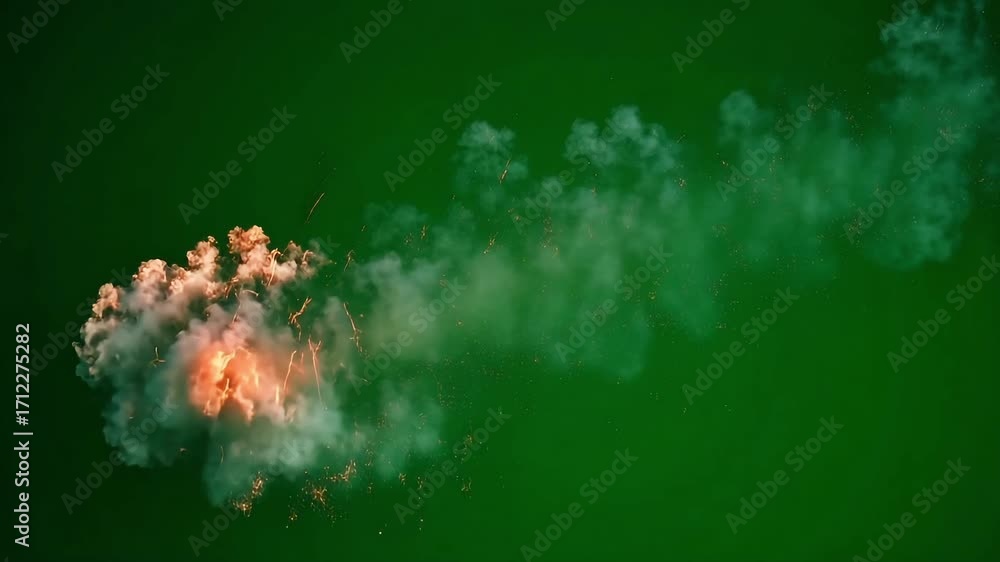 Powerful rocket launch with flames and smoke trail against green screen ...