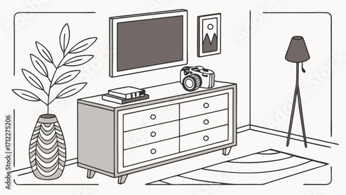 Isometric illustration of a modern home interior with dresser camera and decor.